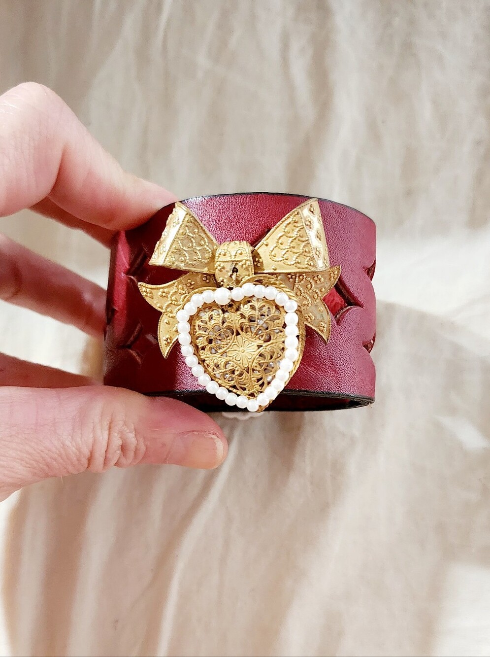 Upcycled Mariam Haskell Gold Heart Bow Cuff Bracelet in Burgundy Leather